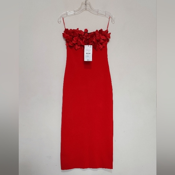 Zara  Floral Knit Elegant Red Strapless Dress Sz-L - Picture 3 of 10